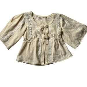 Knitted & Knotted Cream‎ Cardigan Lace Trim Button Up Cropped Sweater Top Sz Sm
